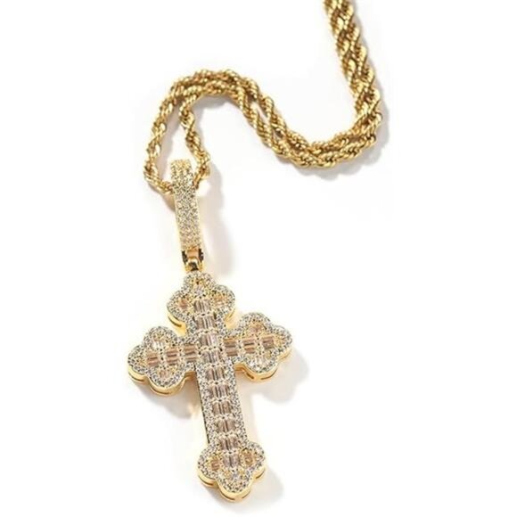 DUBSS Iced Out Cross Necklace for Women Prong Setting Cubic  Iced Out Gold Plated Cubic Zirconia Cross Pendant Necklace With Trendy